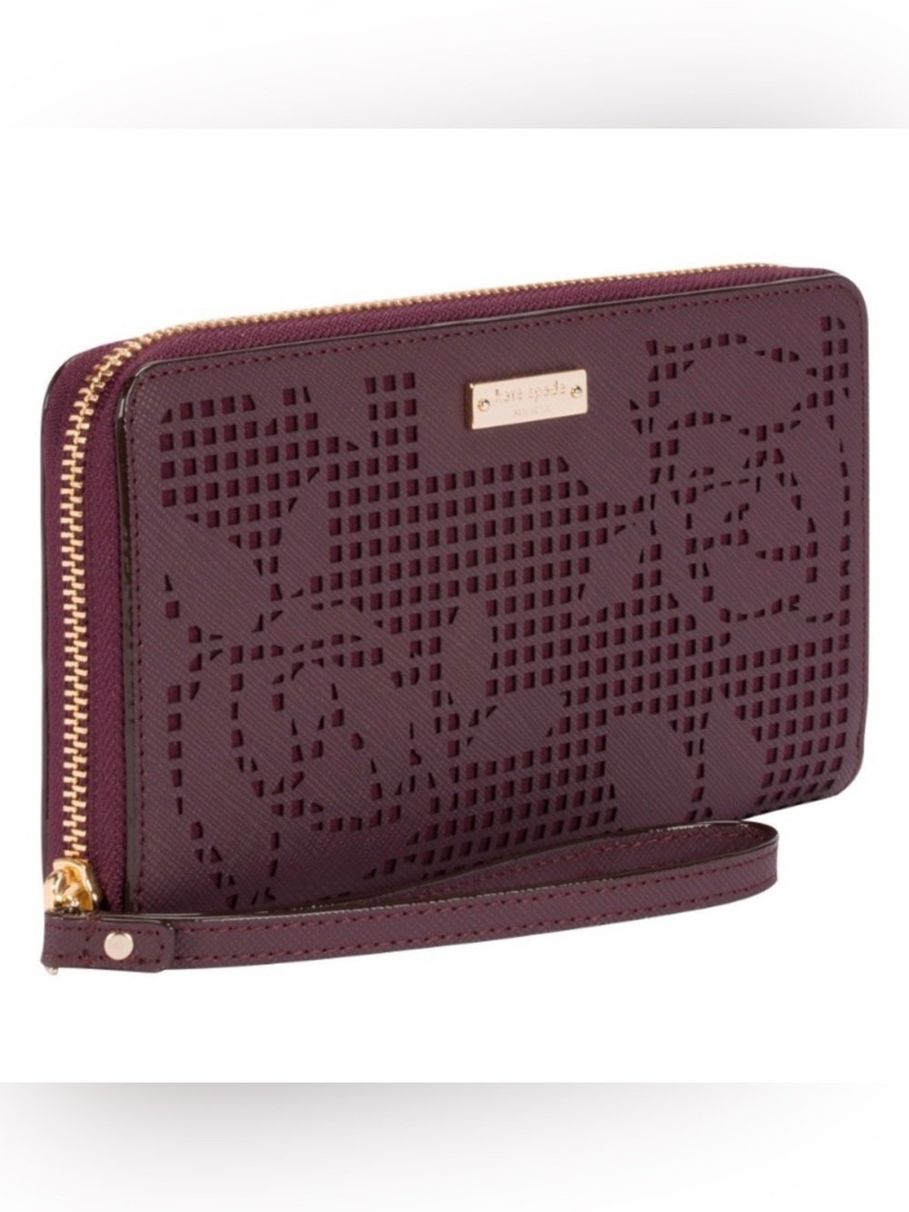 KATE SPADE NEW YORK Zip Perforated Rose Wristlet Wallet Storybook Lining NIB NEW